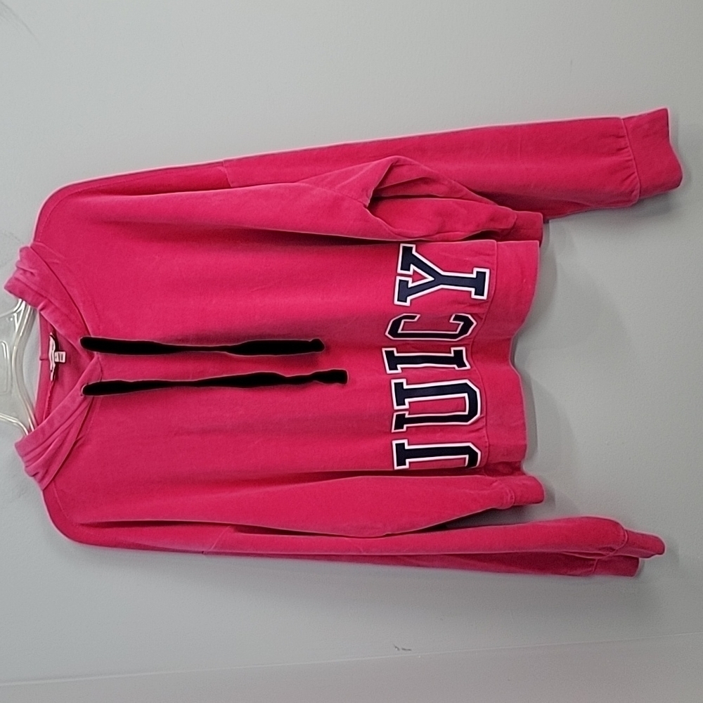 JUICY Bright Pink Velour Velvet Hoodie Semi Crop Y2K
